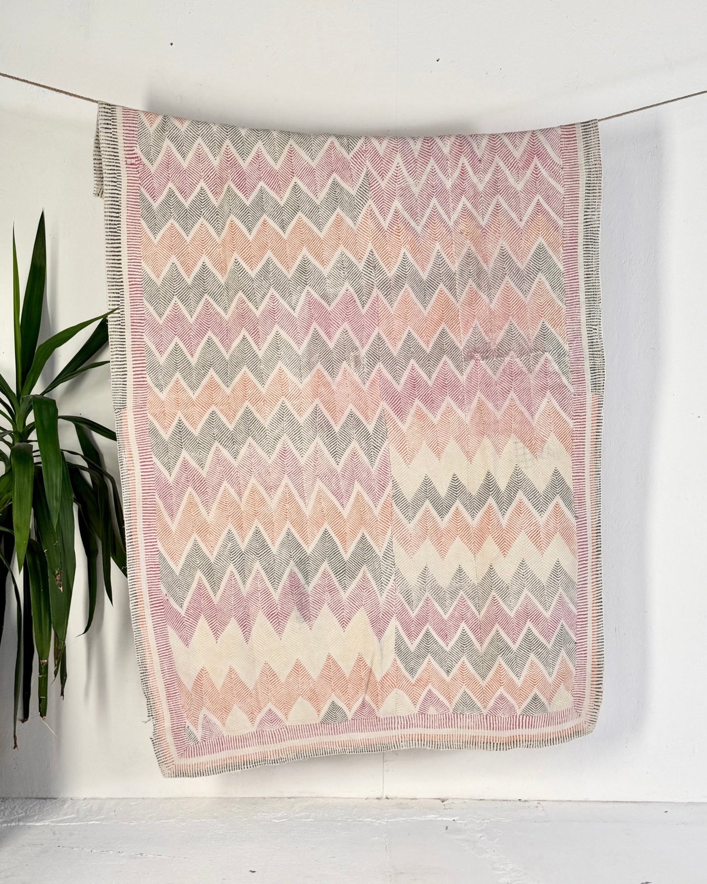 Heavy Vintage Lohori Kantha Quilt in Pink and Yellow Zig Zags - Biggs & Hill