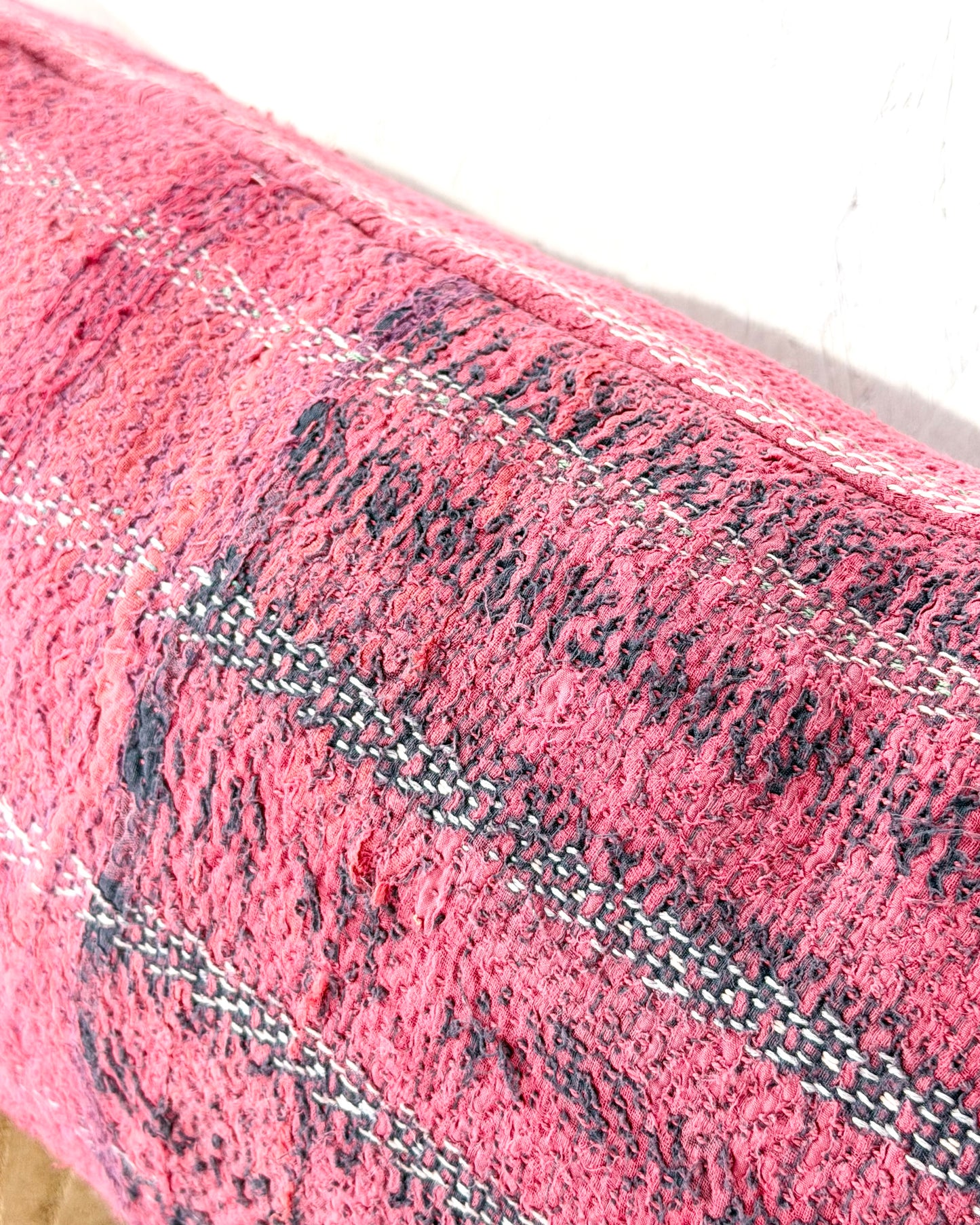 Vintage Kantha Bolster Cushion Cover In Pink With Embroidered Stripes - 100cm