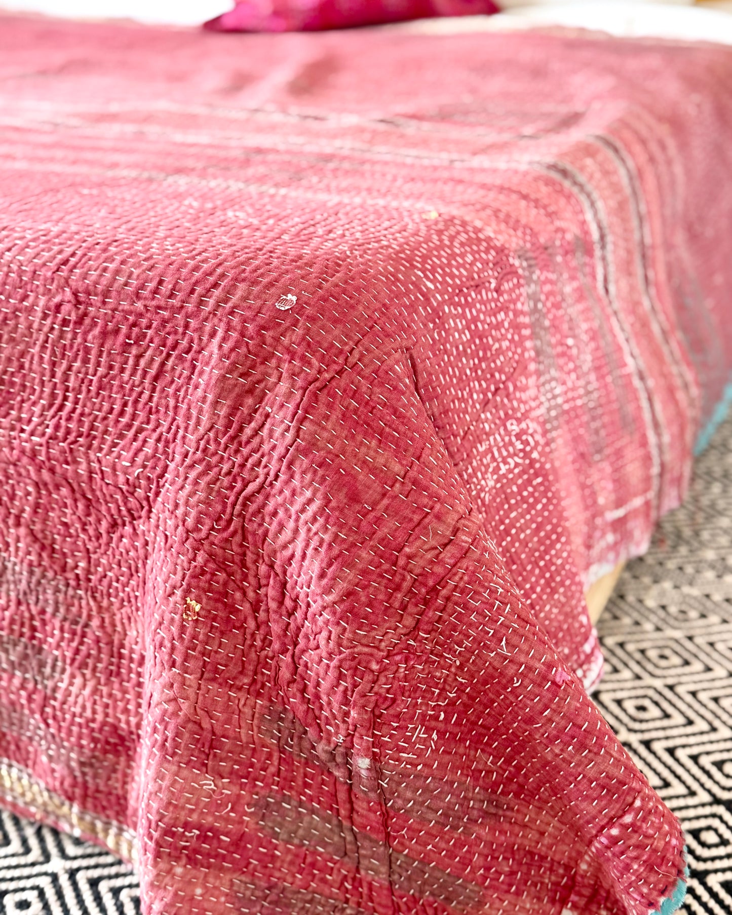 Extra Large Large Fine Stitched Vintage Kantha Quilt in Pink and Yellow