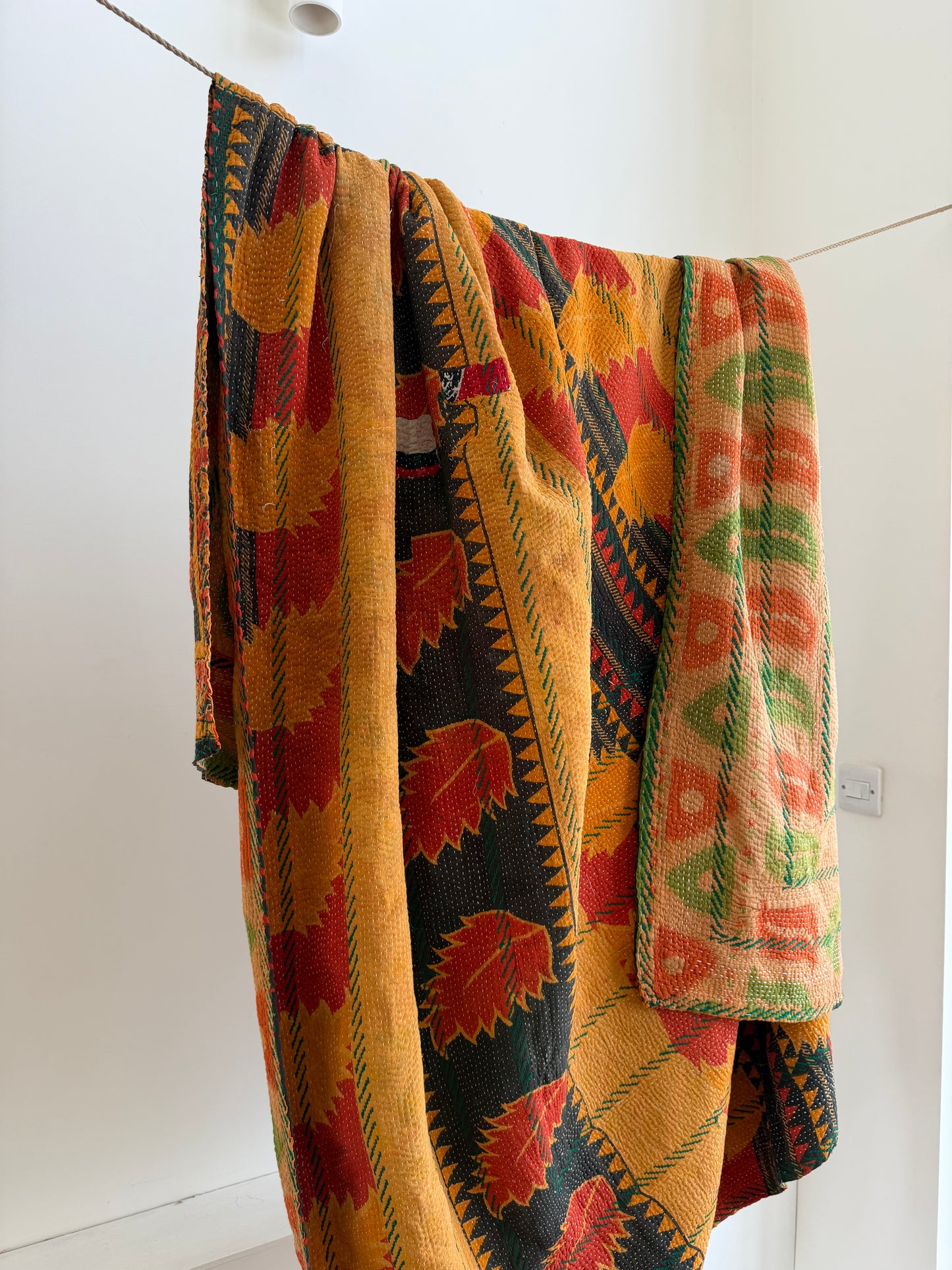 Extra Large Embroidered Vintage Kantha Quilt in Orange and Green