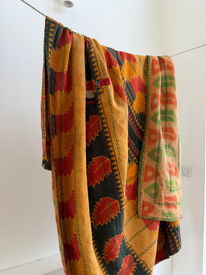 Extra Large Embroidered Vintage Kantha Quilt in Orange and Green