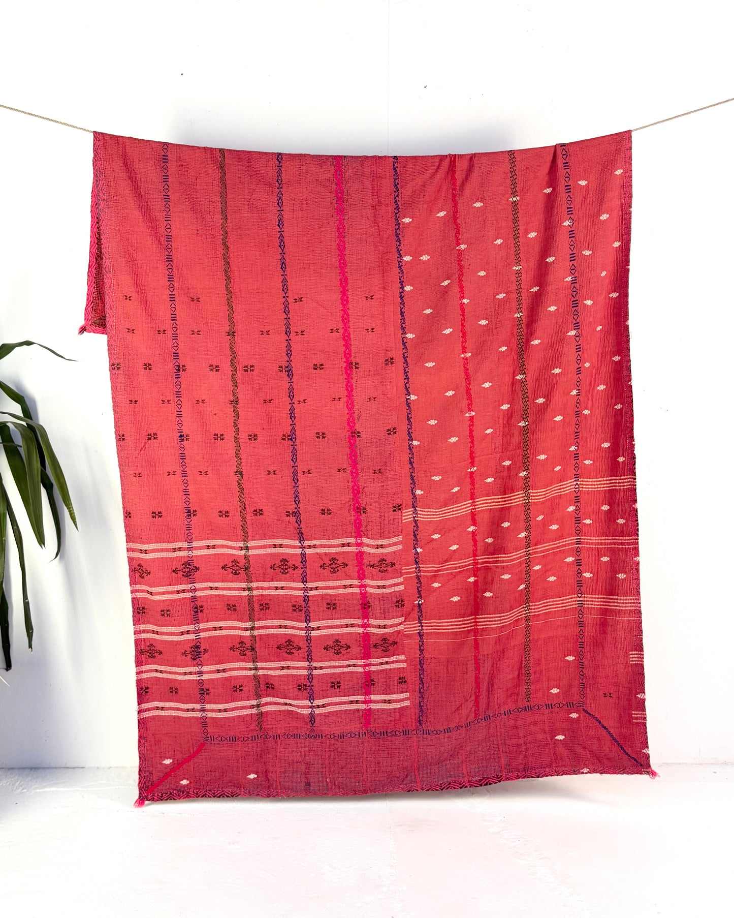 Extra Large Embroidered Vintage Kantha Quilt in Deep Red