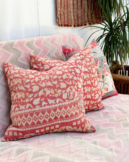 Handmade Vintage Kantha Cushion Cover In Pink Floral - 45cm (18") - Biggs & Hill