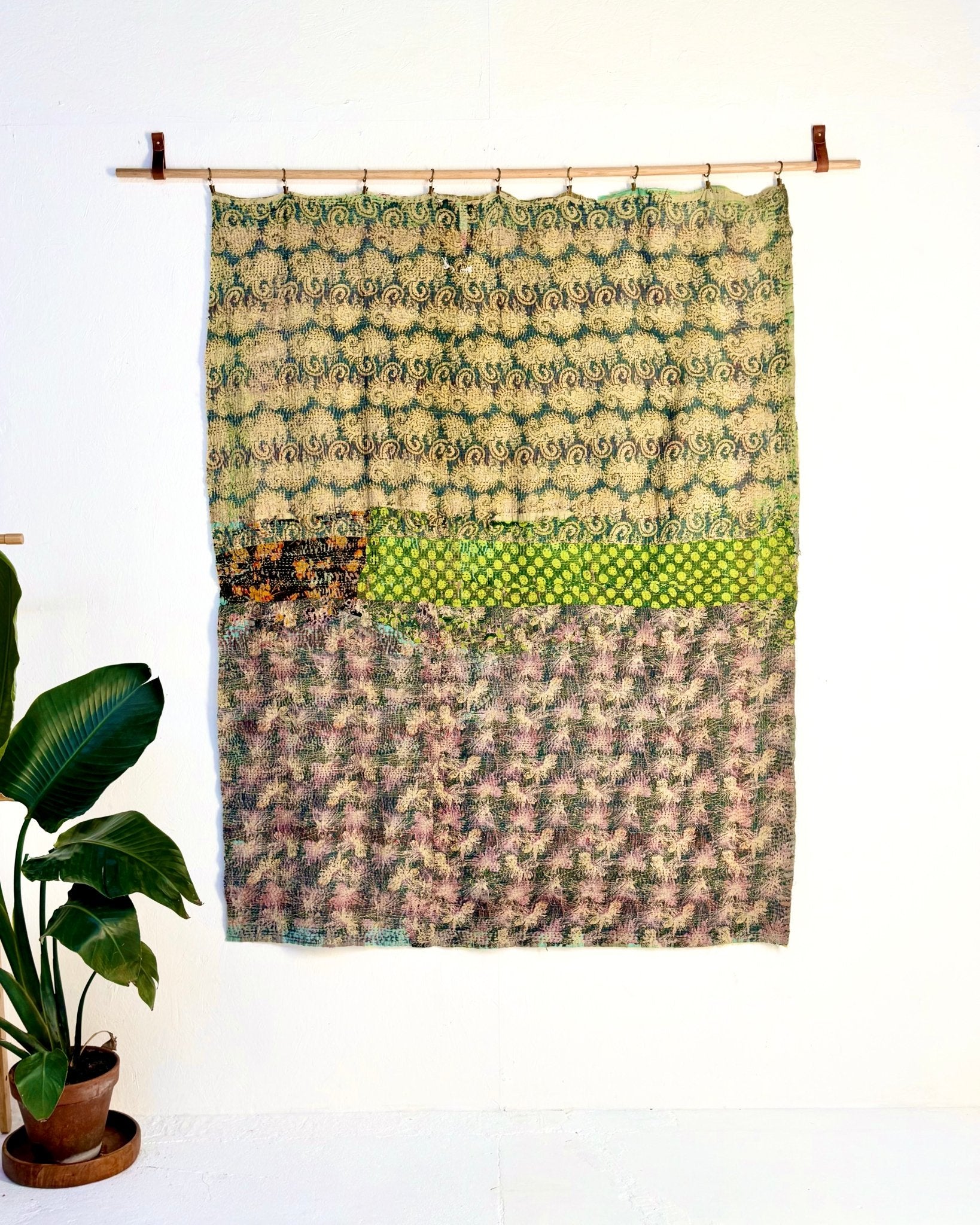 Textured Vintage Kantha Quilt In Green and Gold - Biggs & Hill