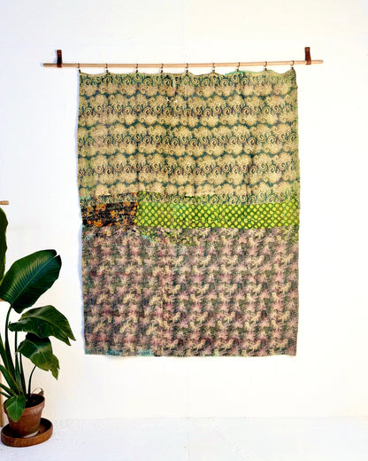 Textured Vintage Kantha Quilt In Green and Gold - Biggs & Hill