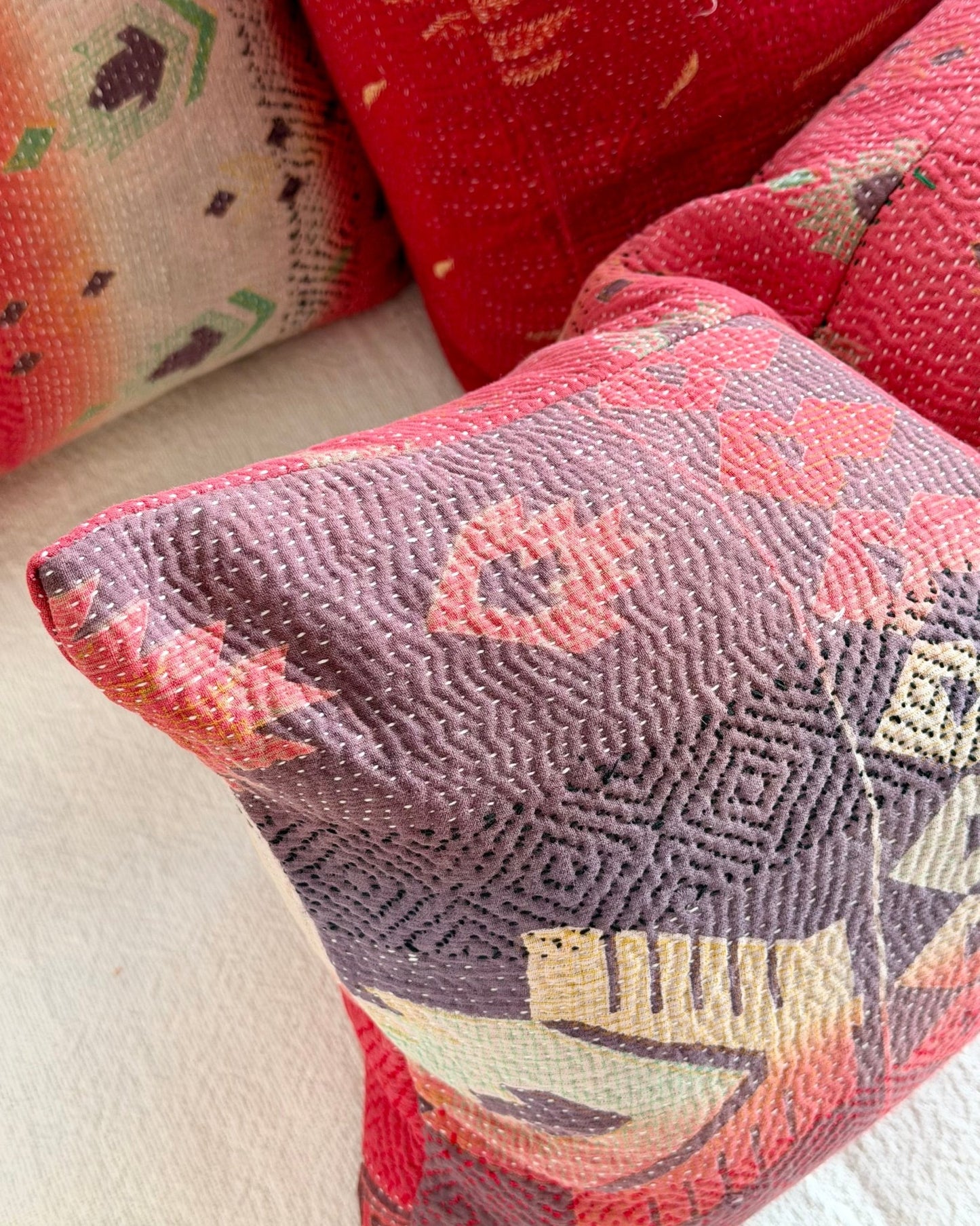 Vintage Kantha Cushion In Geometric Pink and Purple - Small Rectangular - Biggs & Hill