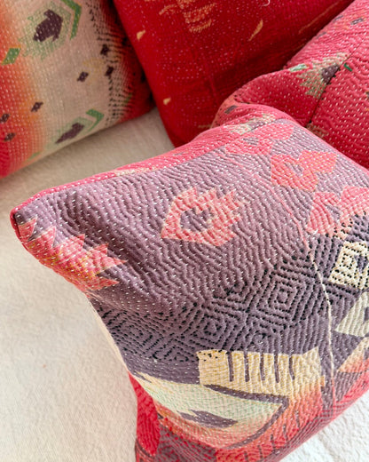 Vintage Kantha Cushion In Geometric Pink and Purple - Small Rectangular - Biggs & Hill