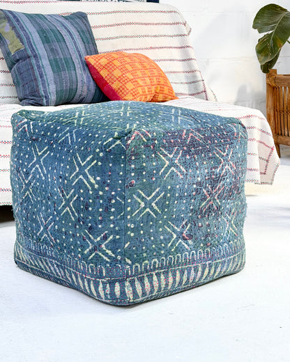 Cube Kantha Pouf Cushion Cover With Indigo Block Print