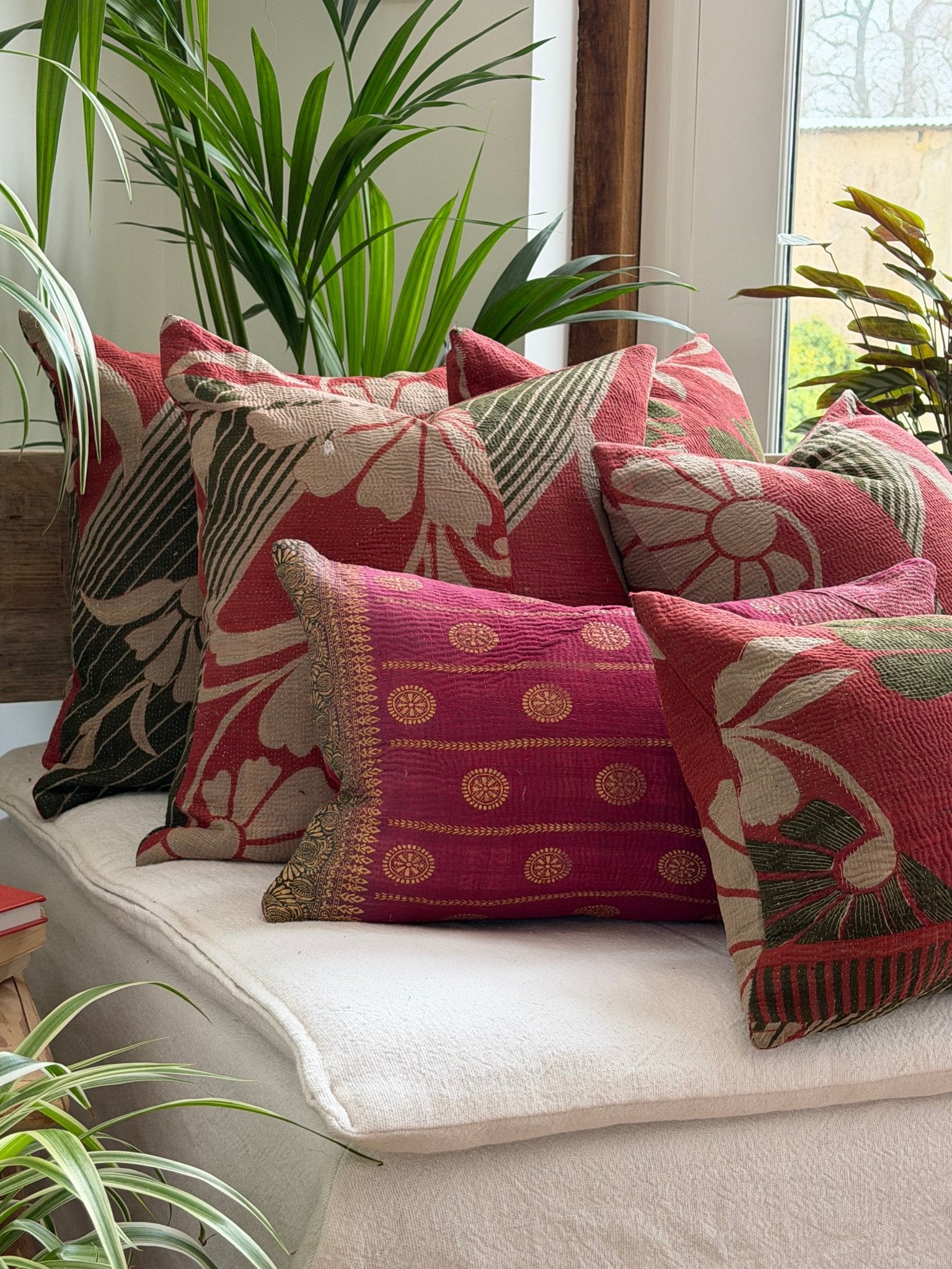 Vintage Kantha Cushion In Burgundy and Gold Dots - Small Rectangular - Biggs & Hill