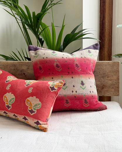 Vintage Kantha Cushion In Pink, White and Purple - 45cm Square