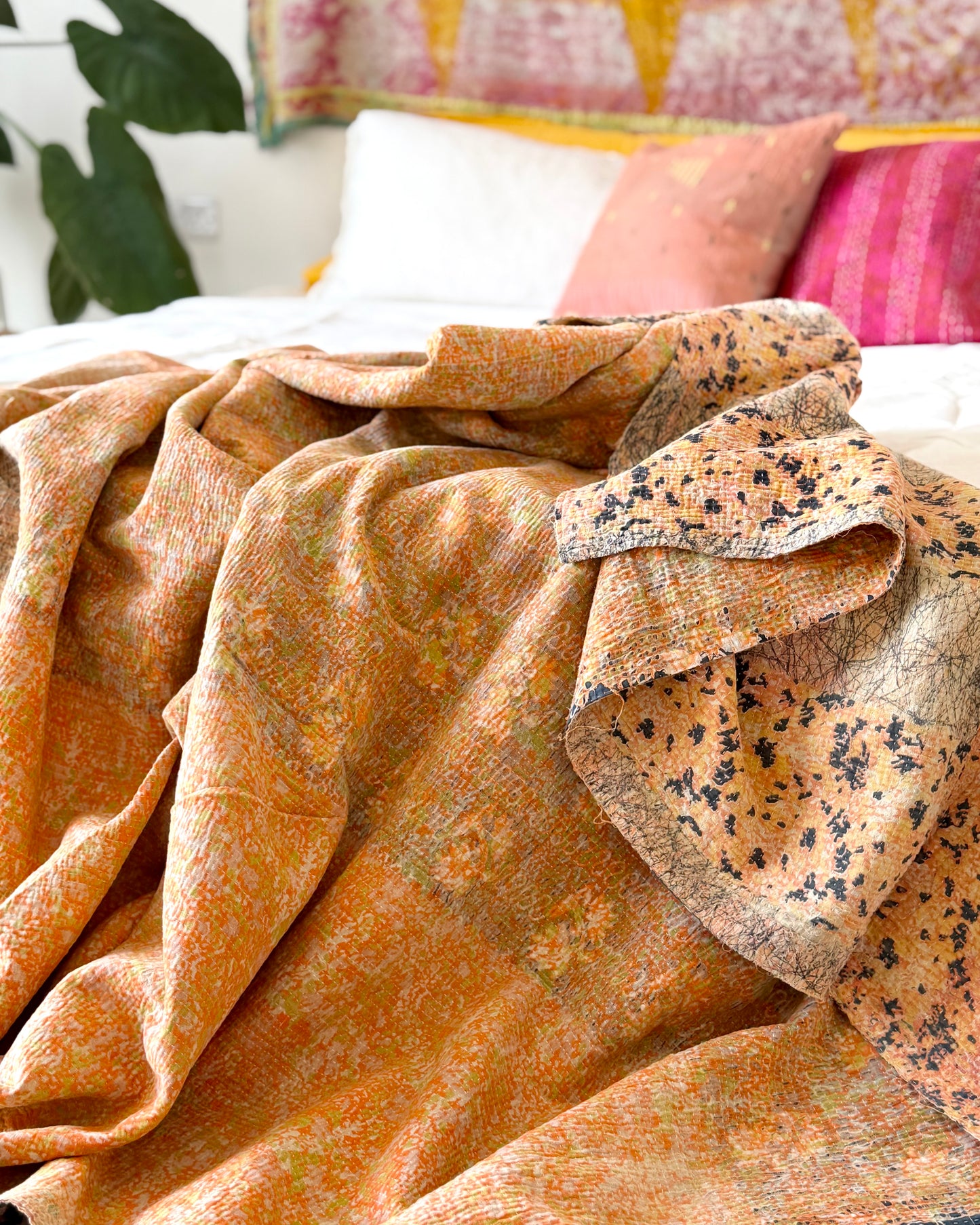Extra Large Large Fine Stitched Vintage Kantha Quilt in Peachy Pink