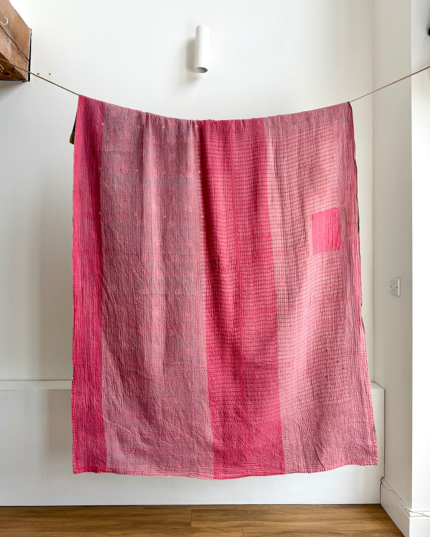 Fine Stitched Vintage Kantha Quilt in Super Soft Pink and Olive Green