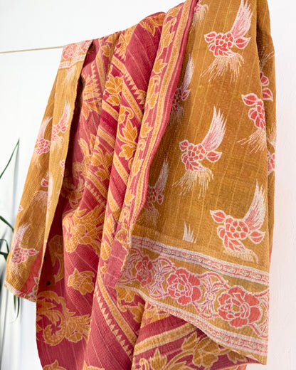 Large Fine Stitched Vintage Kantha Quilt in Mustard and Pink