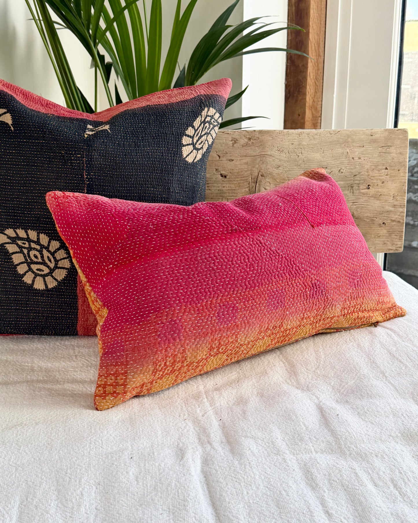 Vintage Kantha Cushion In Pink and Yellow - Small Rectangular