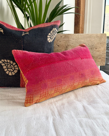Vintage Kantha Cushion In Pink and Yellow - Small Rectangular