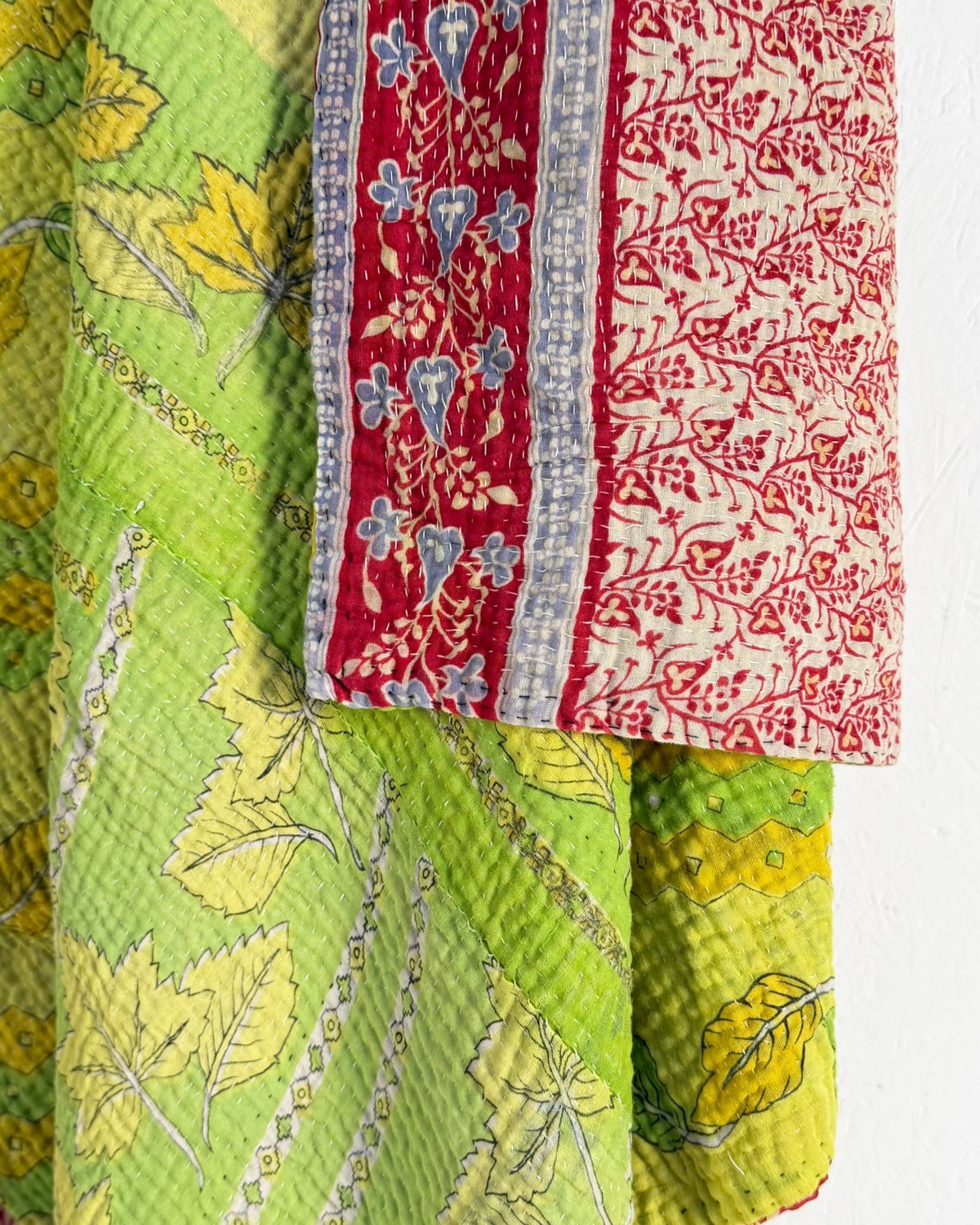 Large Fine Stitched Vintage Kantha Quilt in Bright Green and Red Floral - Biggs & Hill