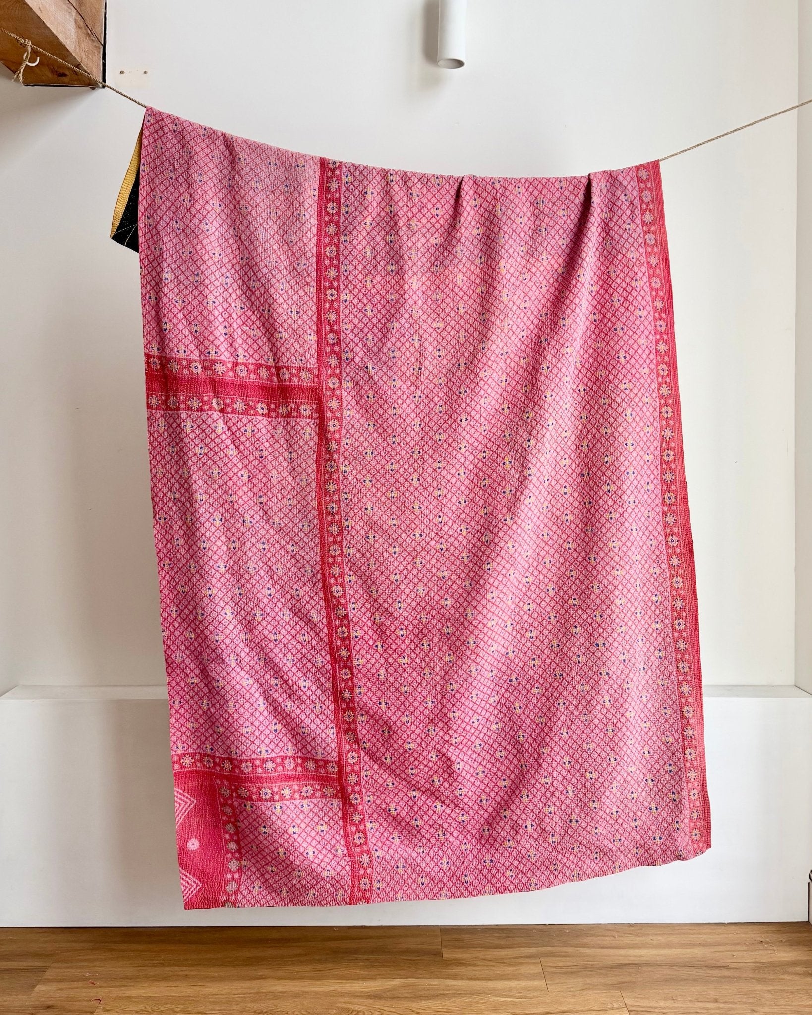 Large Fine Stitched Vintage Kantha Quilt in Chequered Yellow and Black and Pink - Biggs & Hill