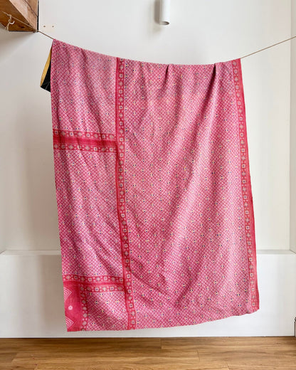 Large Fine Stitched Vintage Kantha Quilt in Chequered Yellow and Black and Pink - Biggs & Hill