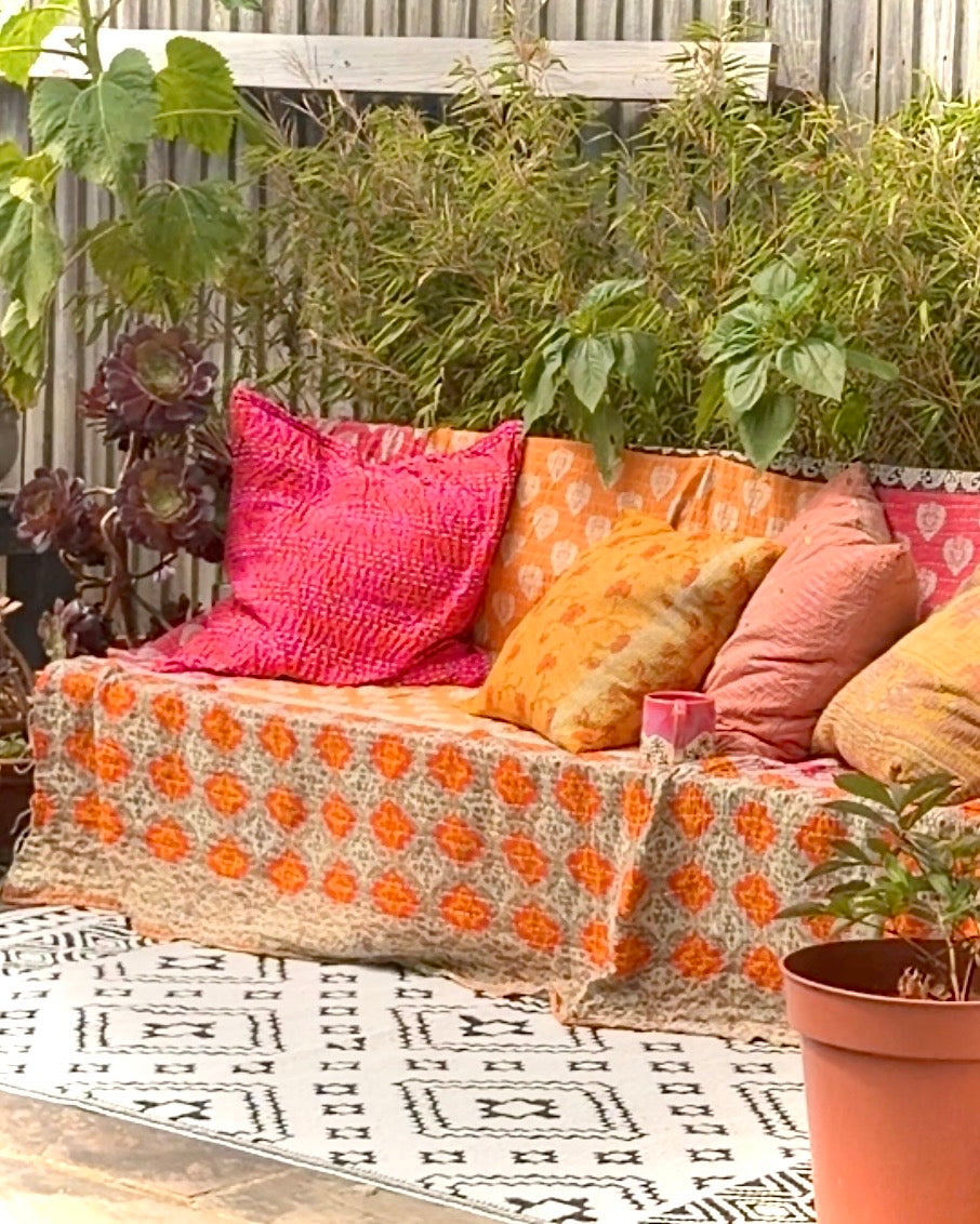 Vintage Cotton Kantha Quilt In Pink and Beige Floral #52
