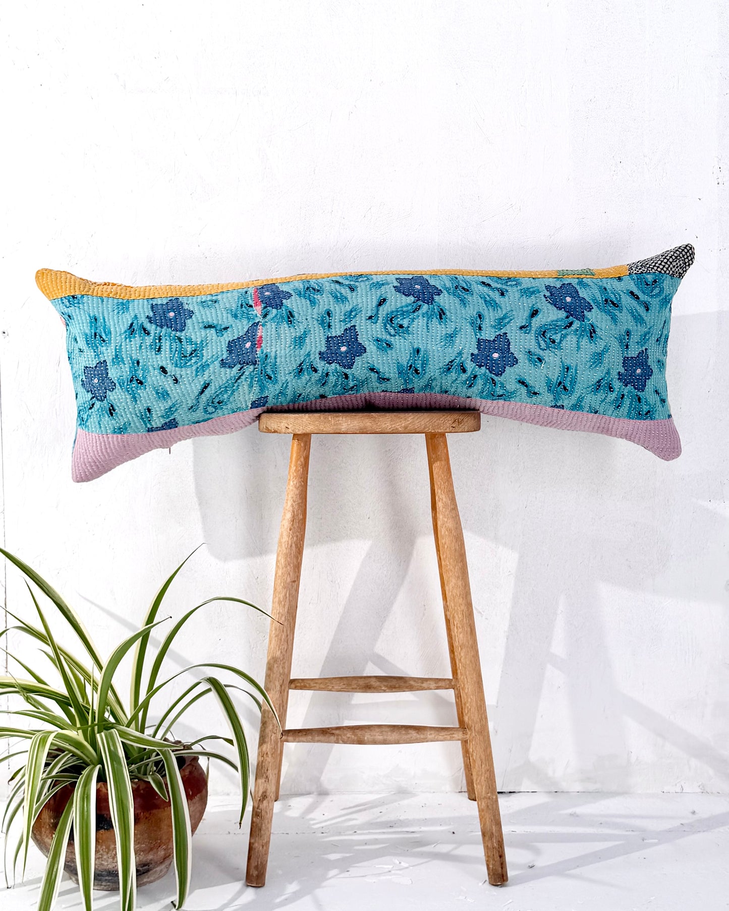 Vintage Kantha Bolster Cushion Cover In Patchwork Blue and Yellow - 100cm