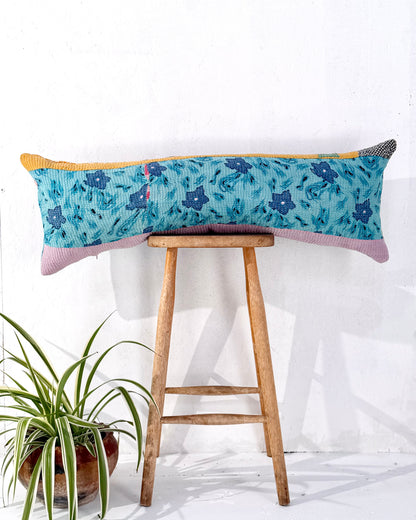 Vintage Kantha Bolster Cushion Cover In Patchwork Blue and Yellow - 100cm
