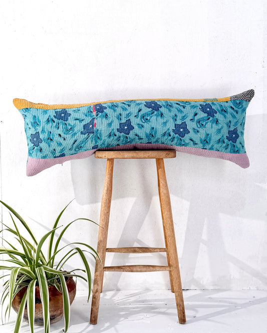 Vintage Kantha Bolster Cushion Cover In Patchwork Blue and Yellow - 100cm - Biggs & Hill