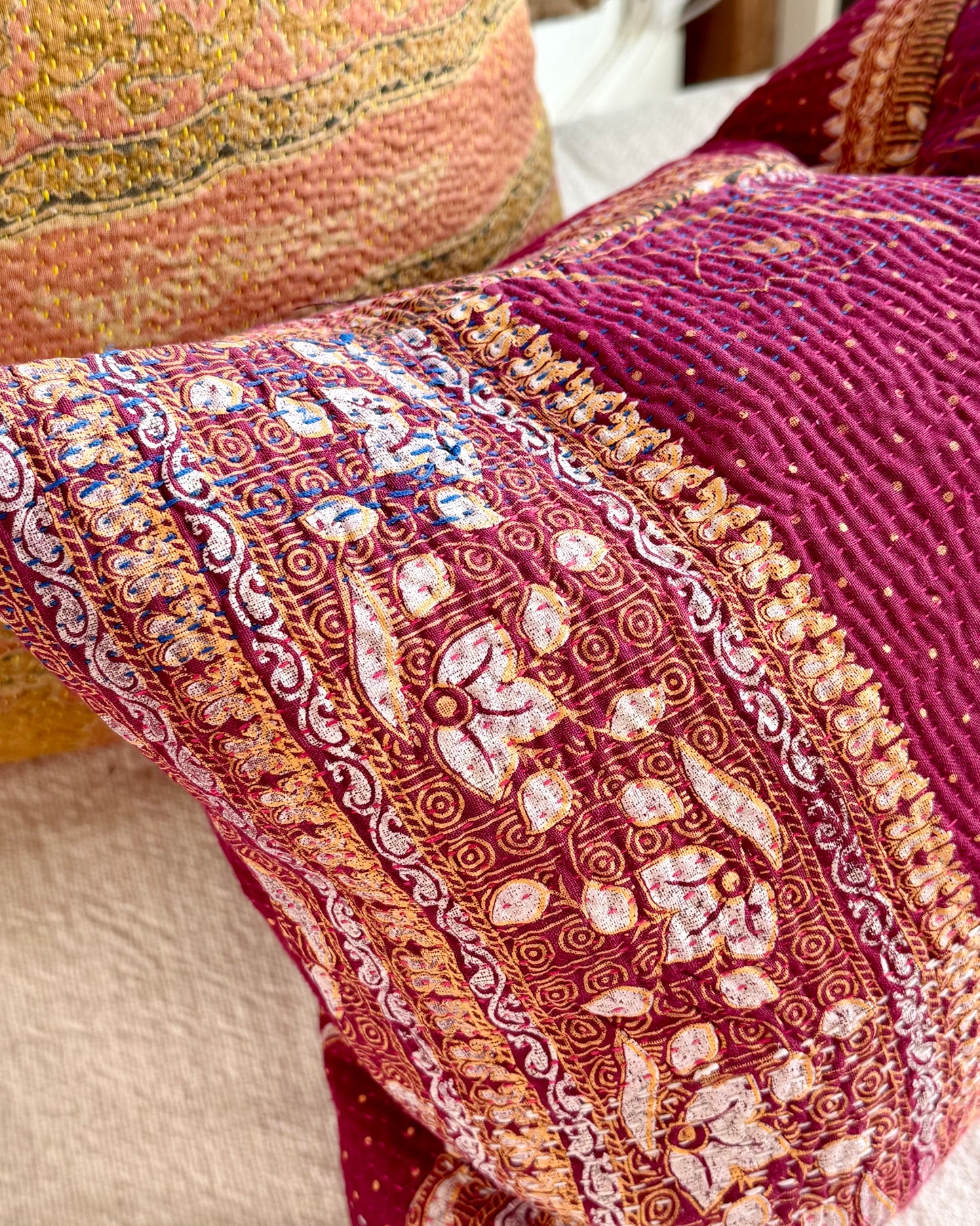 Vintage Kantha Cushion In Burgundy and Gold - Small Rectangular