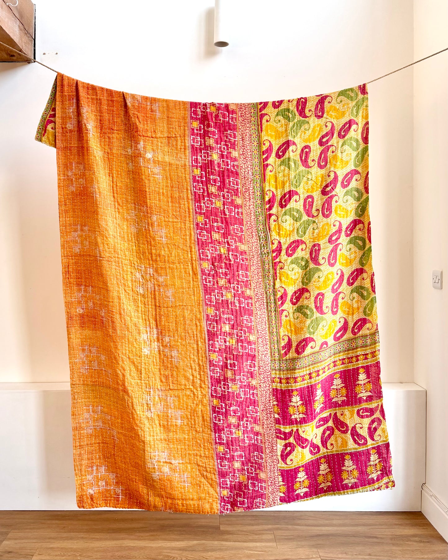 Vintage Cotton Kantha Quilt In Yellow And Pink #39