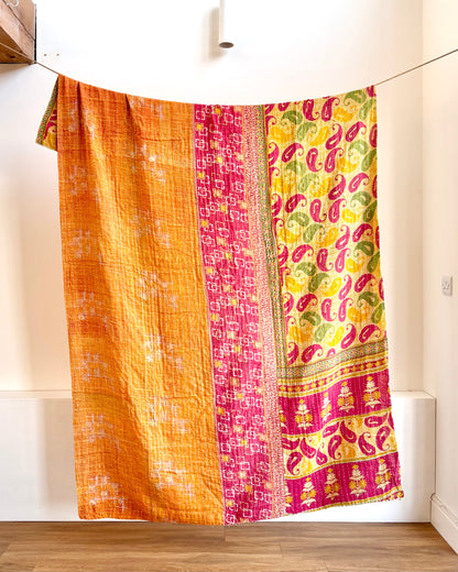 Vintage Cotton Kantha Quilt In Yellow And Pink #39