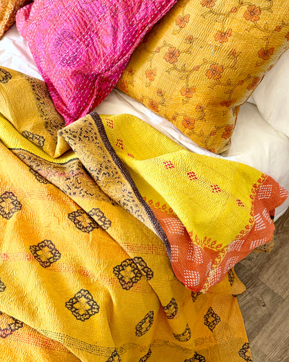 Large Embroidered Vintage Kantha Quilt in Yellow and Orange