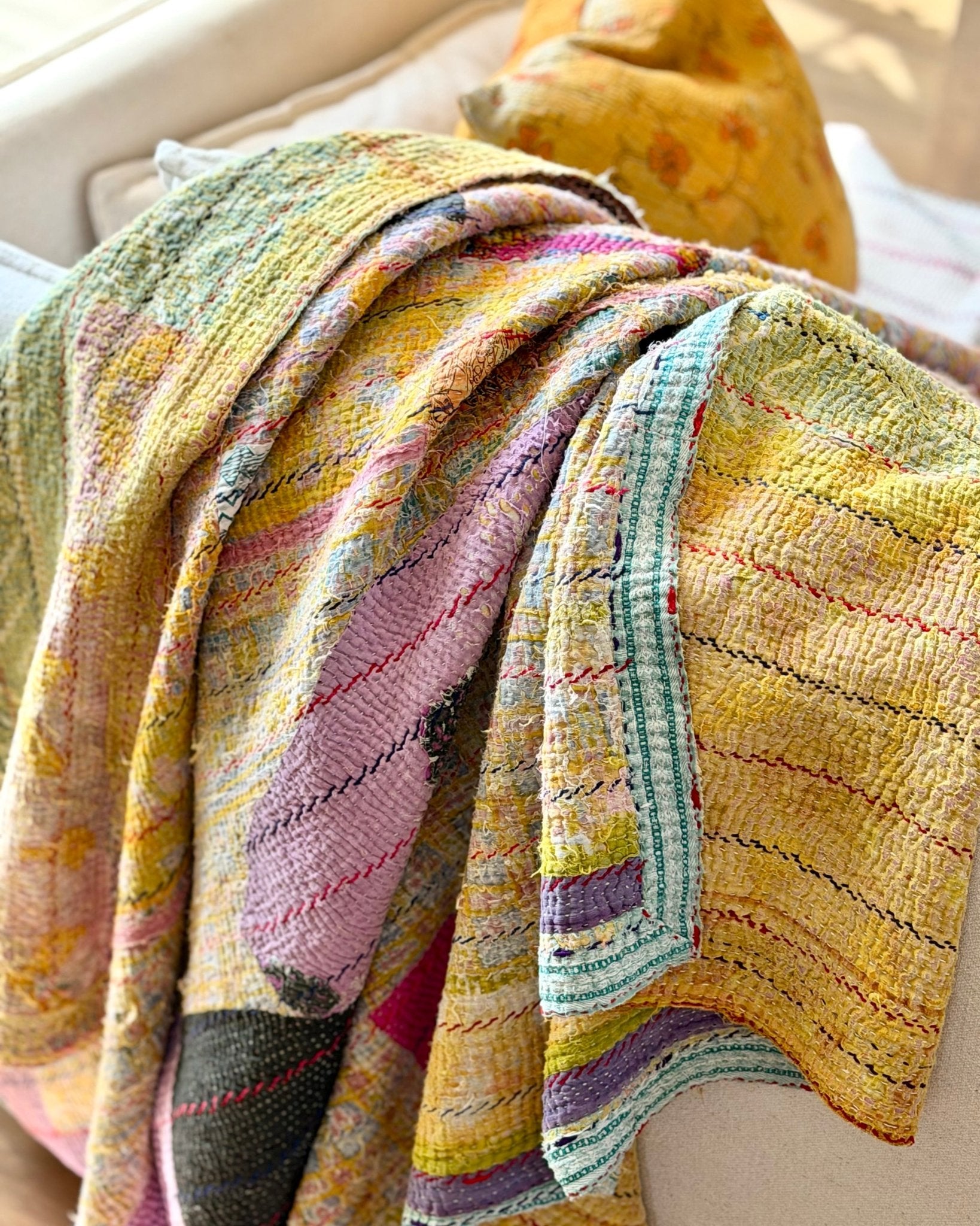Large Textured Vintage Kantha Quilt In Abstract Pink, Purple and Yellow - Biggs & Hill