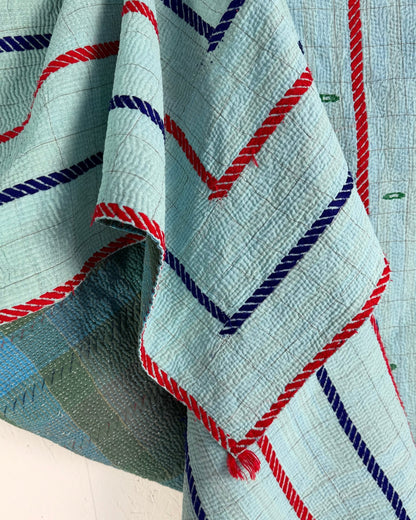 Large Fine Stitched Embroidered Vintage Kantha Quilt in Bahama Blue - Biggs & Hill