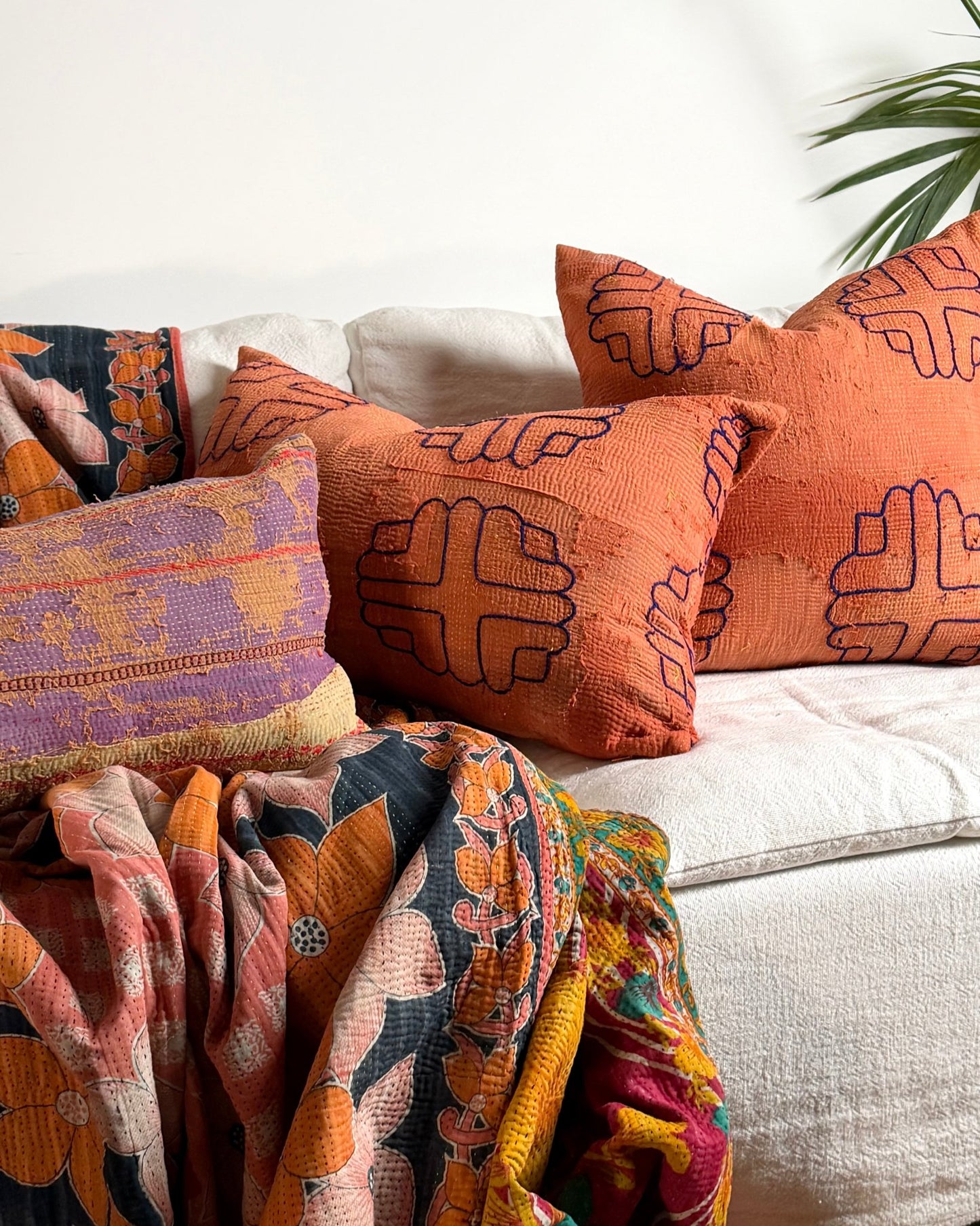 Vintage Kantha Cushion In Terracotta 03 - Large Rectangular - Biggs & Hill