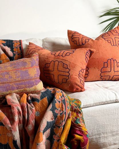 Vintage Kantha Cushion In Terracotta 03 - Large Rectangular - Biggs & Hill
