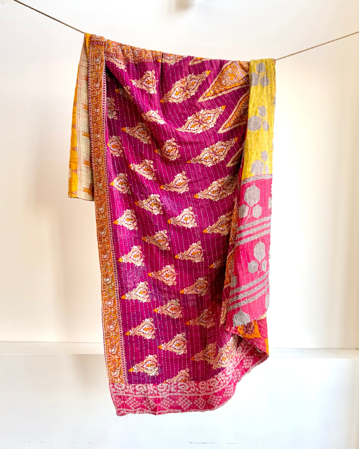 Vintage Cotton Kantha Quilt With Pink And Orange Diamond Pattern #40
