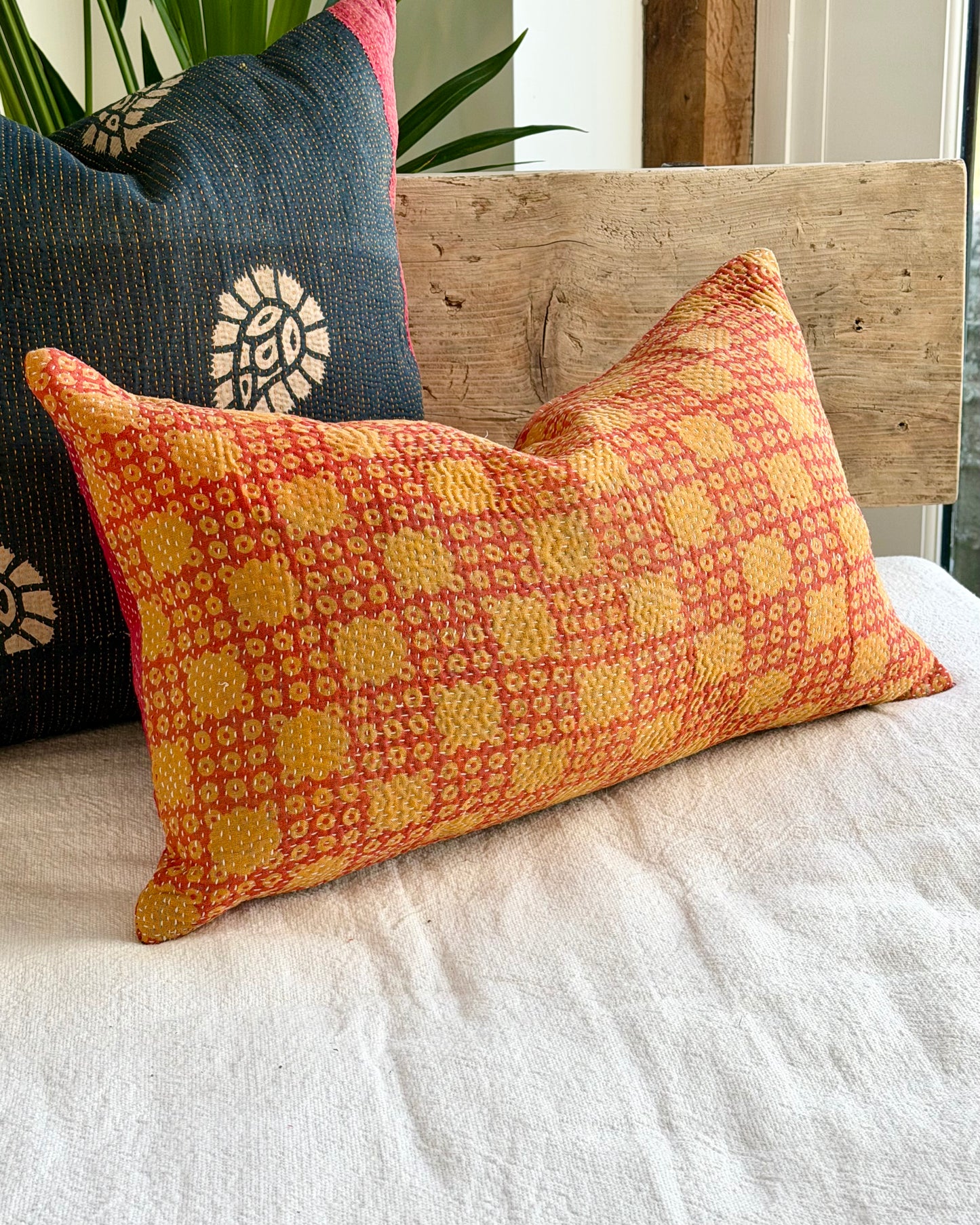 Vintage Kantha Cushion In Pink and Yellow - Small Rectangular