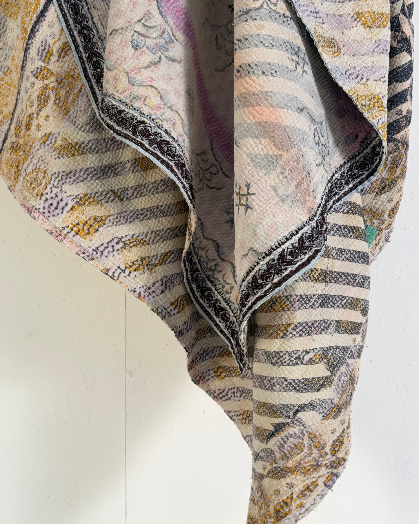 Textured Vintage Kantha Quilt in Pastel Floral with Grey Stripes - Biggs & Hill