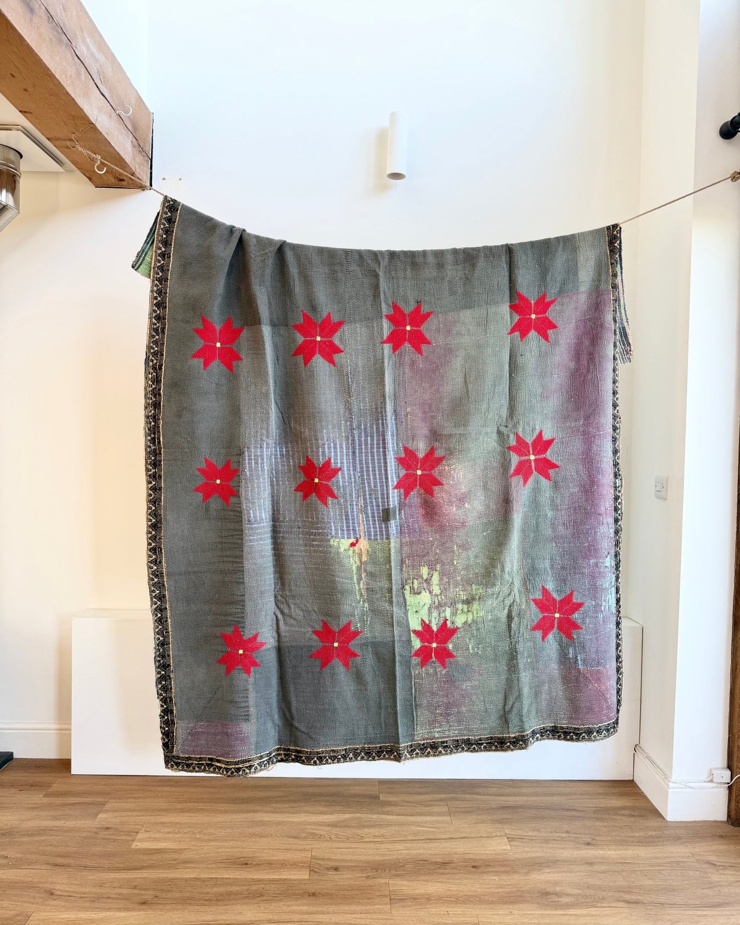 Large Fine Stitched Embroidered Vintage Kantha Quilt With Red Stars on Grey - Biggs & Hill