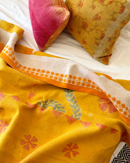Extra Large Fine Stitched Vintage Kantha Quilt in Geometric Yellow and Orange