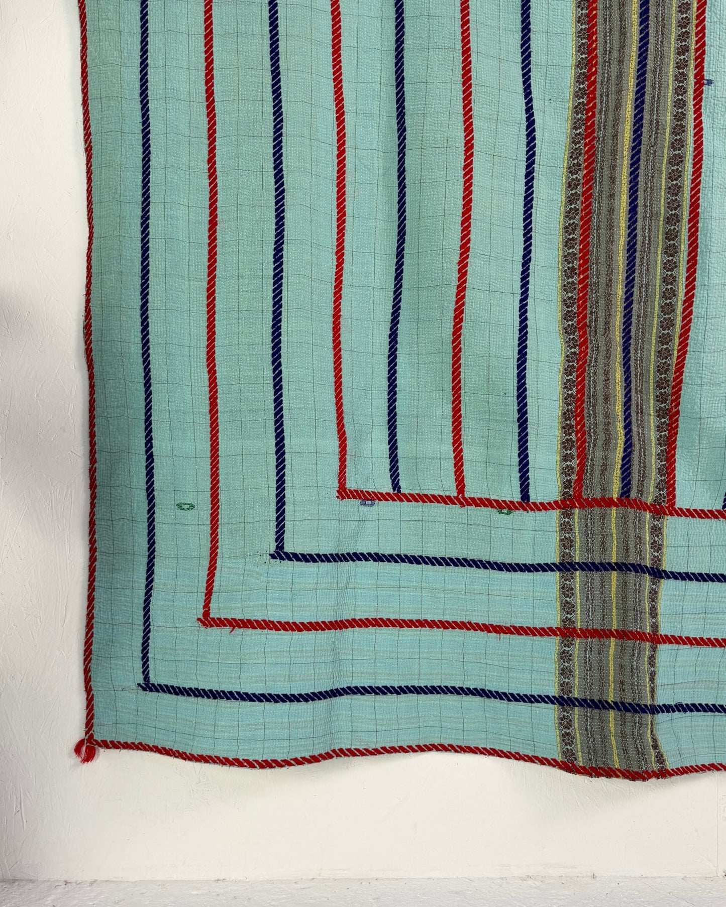 Large Fine Stitched Embroidered Vintage Kantha Quilt in Bahama Blue - Biggs & Hill