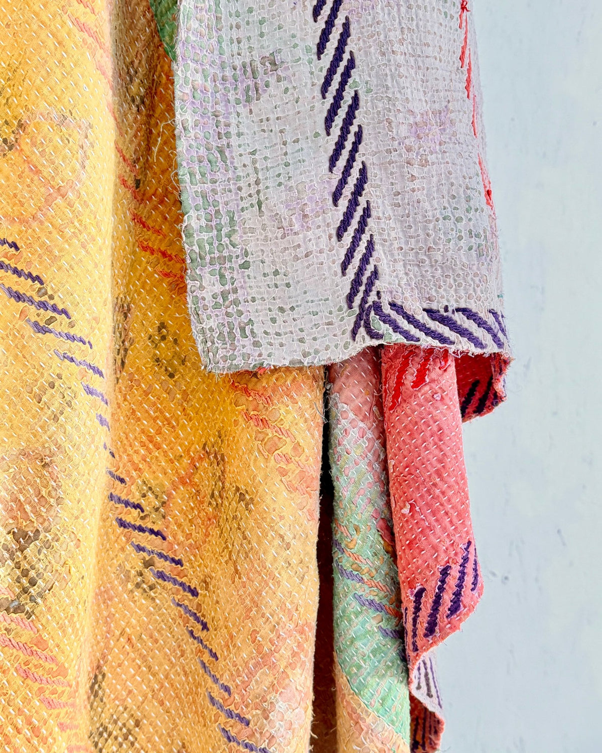 Large Embroidered Vintage Kantha Quilt in Yellow and Light Green - Biggs & Hill