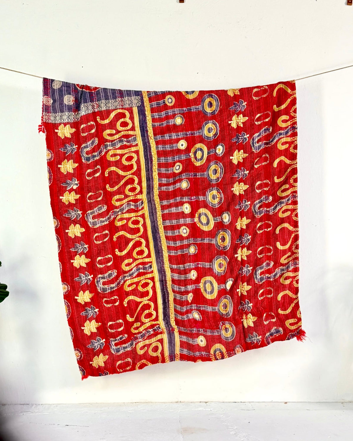 Embroidered Vintage Kantha Quilt in Red and Lilac - Biggs & Hill