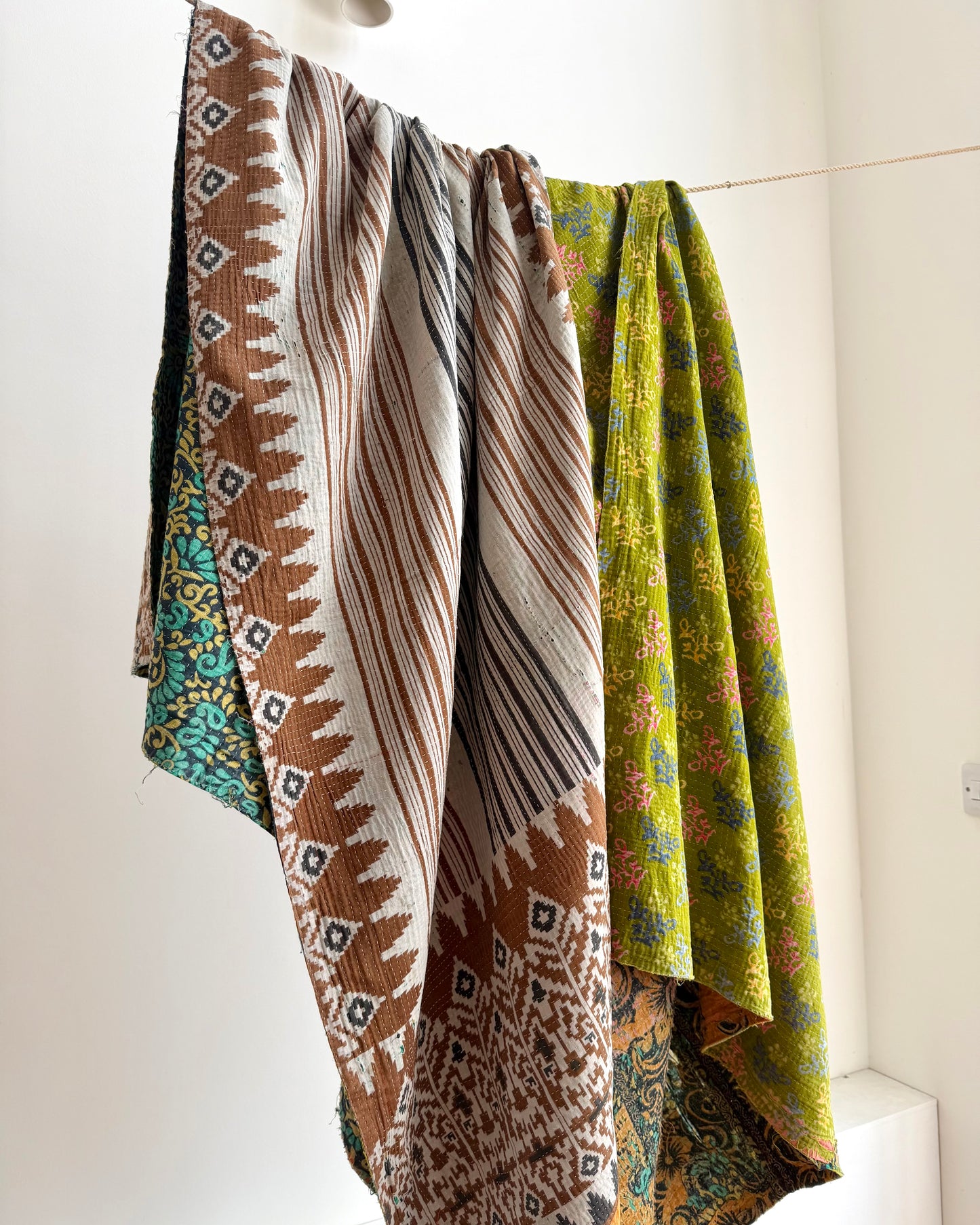 Extra Large Fine Stitched Vintage Kantha Quilt in Vibrant Green and Blue