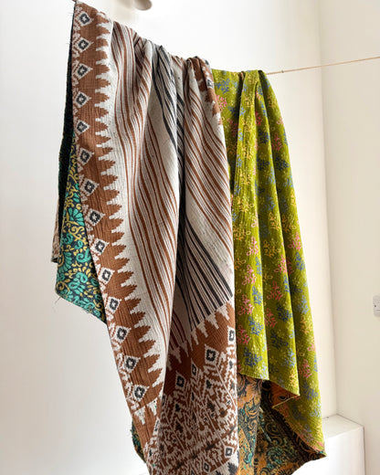 Extra Large Fine Stitched Vintage Kantha Quilt in Vibrant Green and Blue