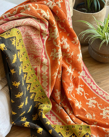 Large Fine Stitched Vintage Kantha Quilt In Orange, Black and Green - Biggs & Hill