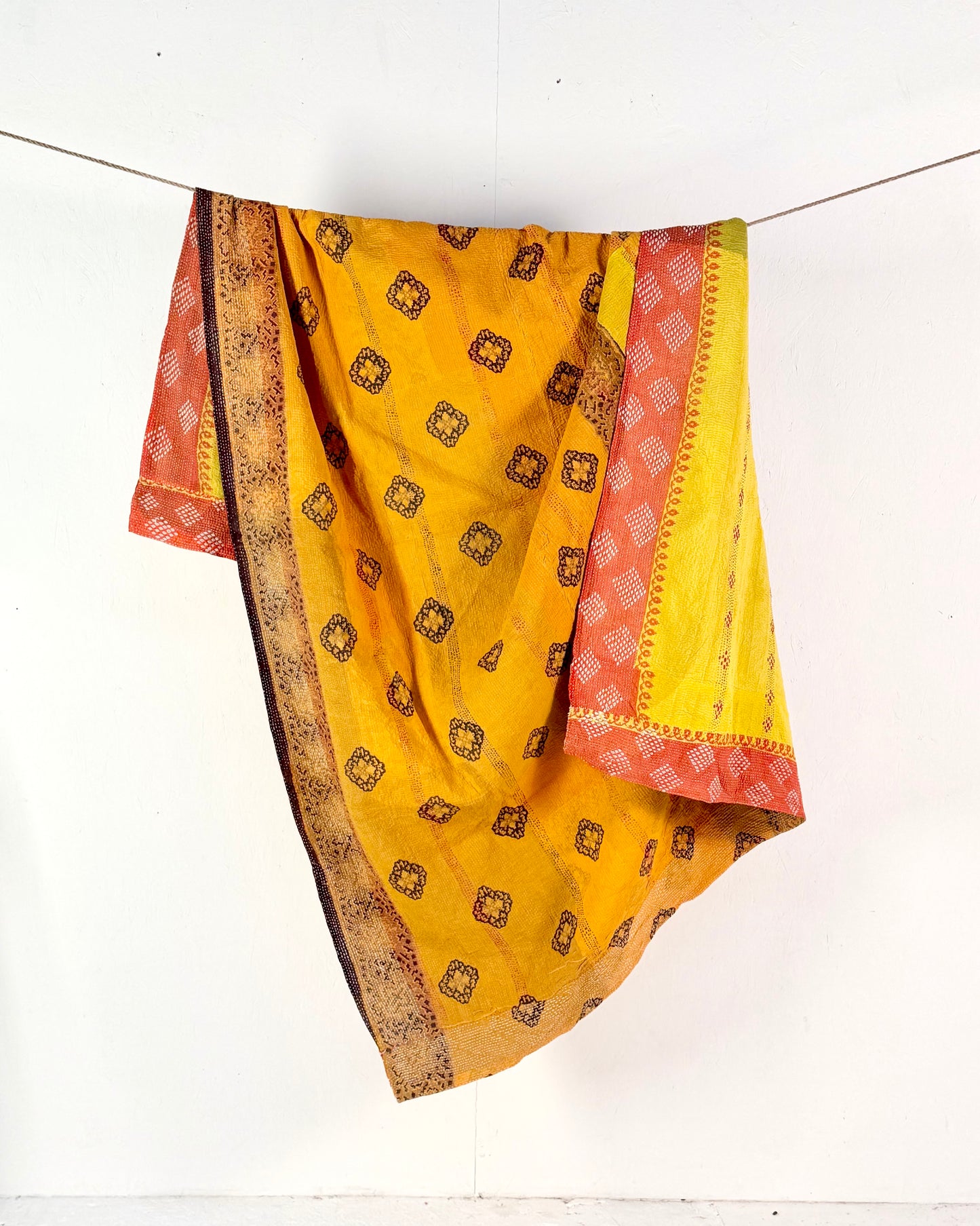 Large Embroidered Vintage Kantha Quilt in Yellow and Orange