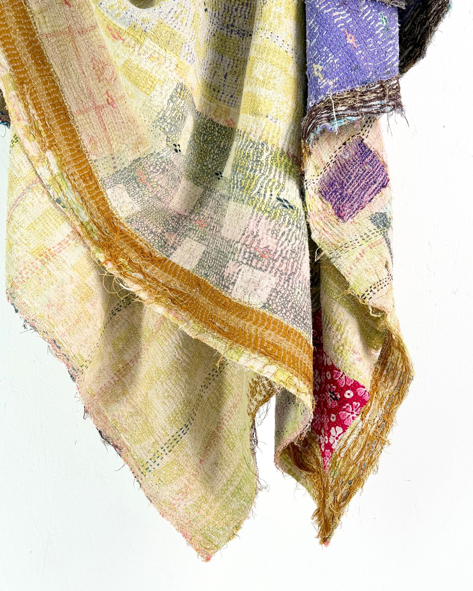 Textured Vintage Kantha Quilt In Blue and Gold - Biggs & Hill