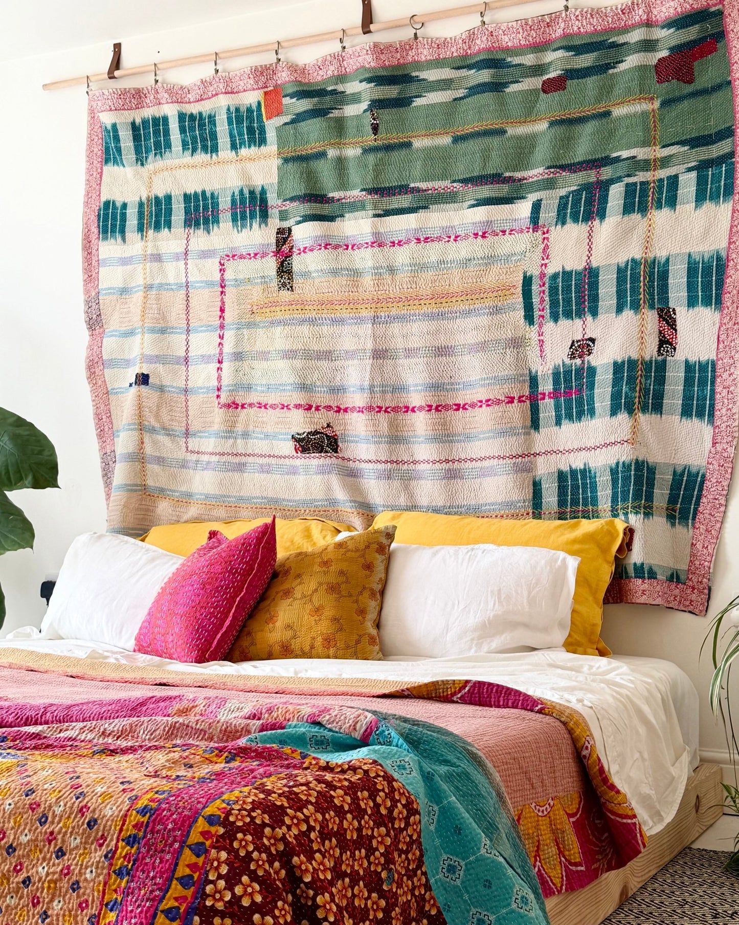 Heavy Fine Stitched Embroidered Vintage Kantha Quilt in Yellow, Pink and Blue - Biggs & Hill