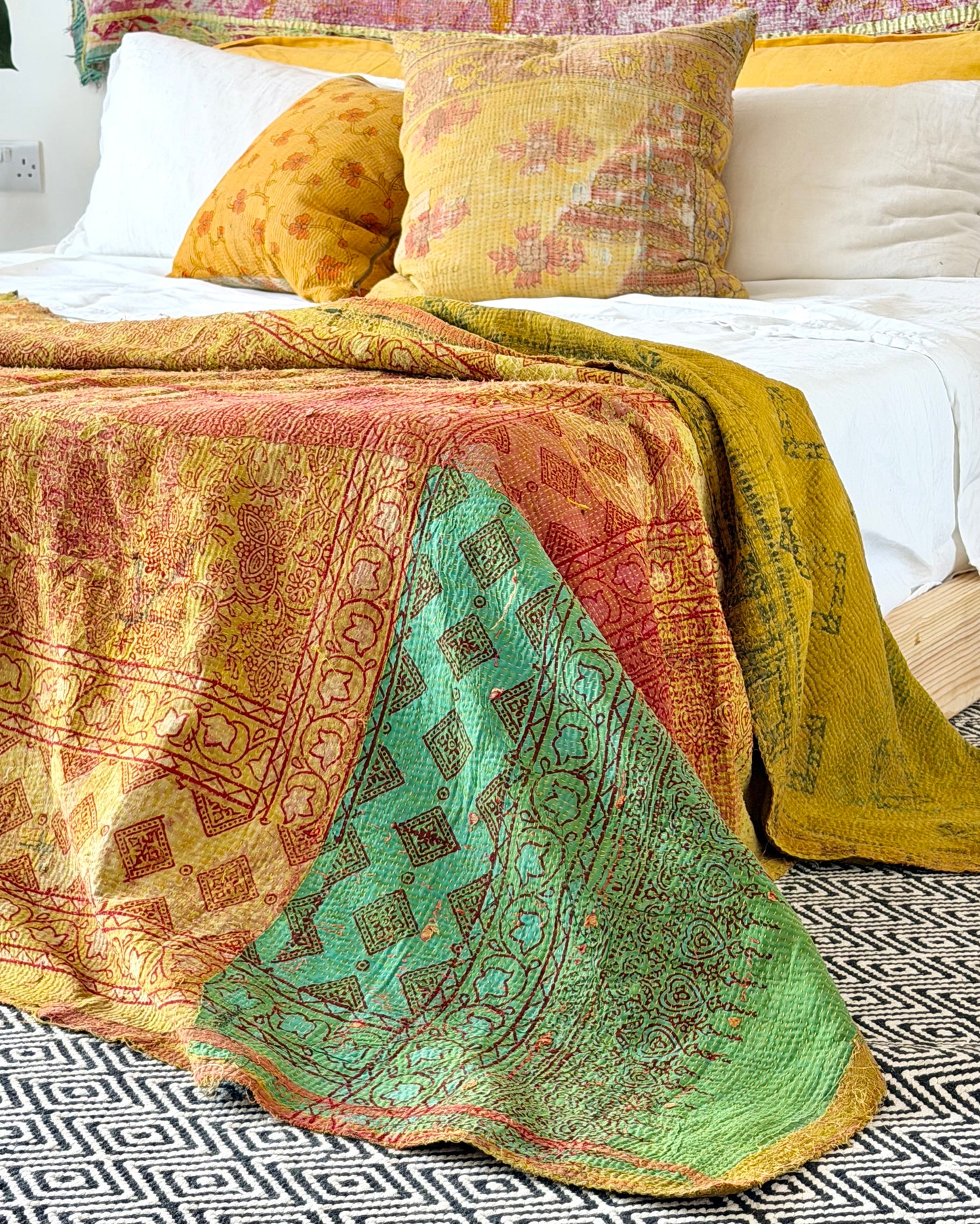 Extra Large Ajrakh Printed Vintage Kantha Quilt In Green-Gold