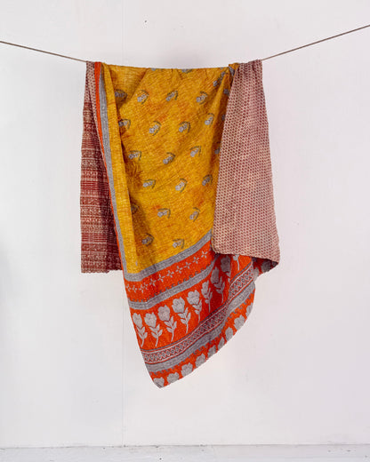 Vintage Cotton Kantha Quilt In Orange, Yellow and Brown #51